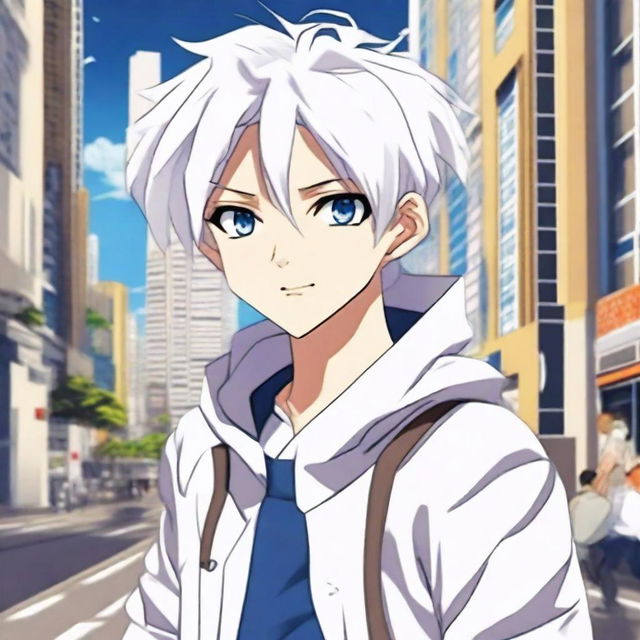 Create an image of a 17-year-old anime boy standing in the middle of a city