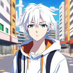 Create an image of a 17-year-old anime boy standing in the middle of a city