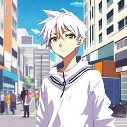 Create an image of a 17-year-old anime boy standing in the middle of a city