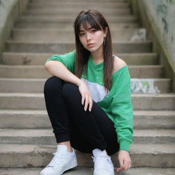 casual photograpy medium body, hip hop style clothes, sneakers, female , 23 year old with green eyes and black long hai with withe streaks in the bangs .,freckles, selfo, graffiti background stairs, medium distance shot, 4k hd,  --styerw--v 5.2 ar 2-3