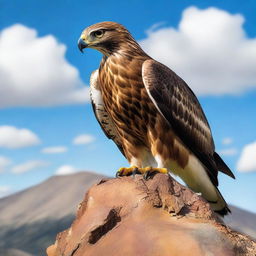 A majestic hawk perched on a rugged mountain peak, wearing a leather vest with the number 78 emblazoned on it