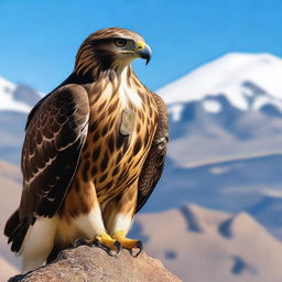 A majestic hawk perched on a rugged mountain peak, wearing a leather vest with the number 78 emblazoned on it