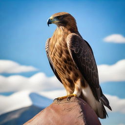 A majestic hawk perched on a rugged mountain peak, wearing a leather vest with the number 78 emblazoned on it