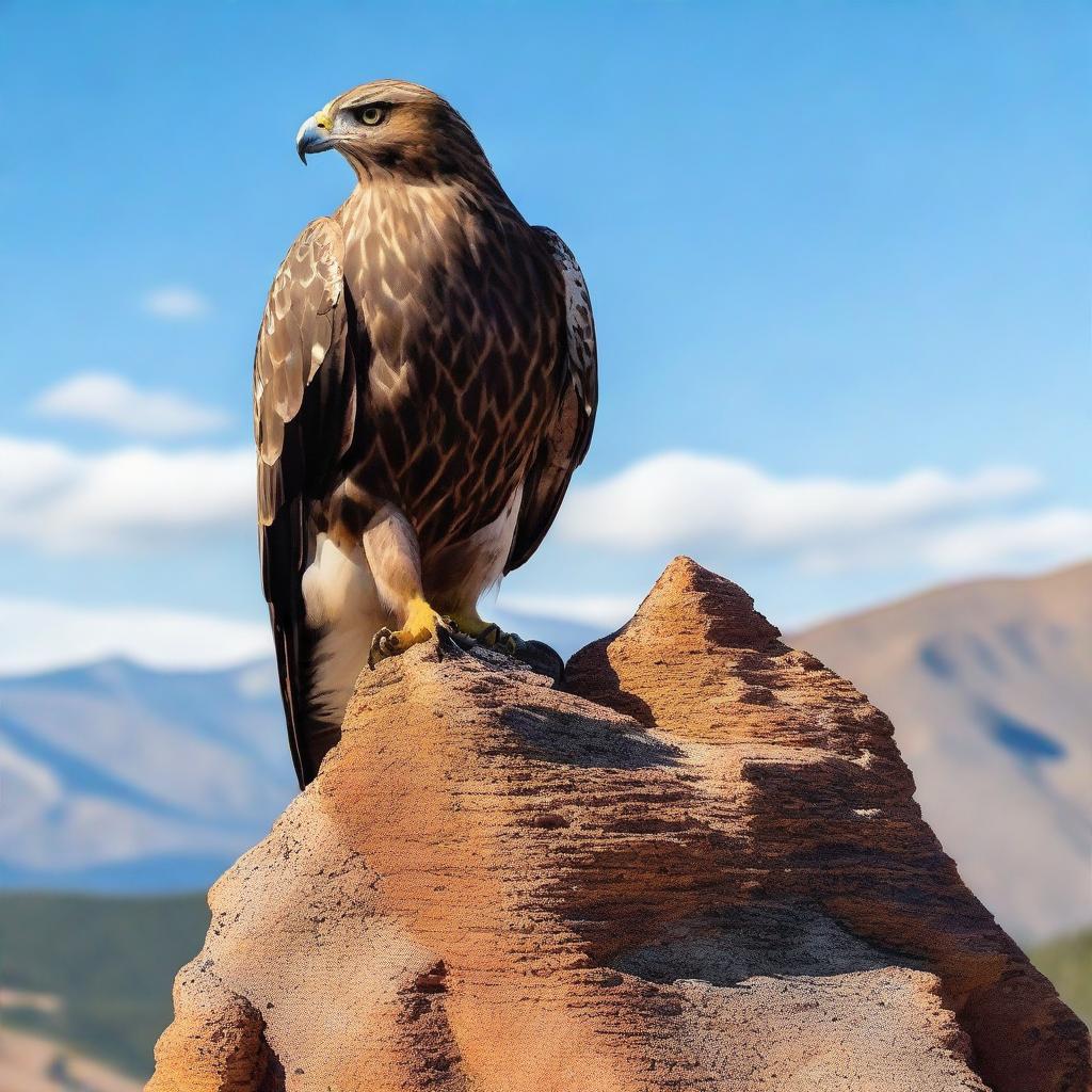 A majestic hawk perched on a rugged mountain peak, wearing a leather vest with the number 78 emblazoned on it