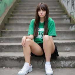 casual photograpy medium body, hip hop style clothes, sneakers, female , 23 year old with green eyes and black long hai with withe streaks in the bangs .,freckles, selfo, graffiti background stairs, medium distance shot, 4k hd,  --styerw--v 5.2 ar 2-3