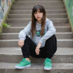 casual photograpy medium body, hip hop style clothes, sneakers, female , 23 year old with green eyes and black long hai with withe streaks in the bangs .,freckles, selfo, graffiti background stairs, medium distance shot, 4k hd,  --styerw--v 5.2 ar 2-3