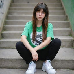 casual photograpy medium body, hip hop style clothes, sneakers, female , 23 year old with green eyes and black long hai with withe streaks in the bangs .,freckles, selfo, graffiti background stairs, medium distance shot, 4k hd,  --styerw--v 5.2 ar 2-3