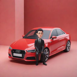 A 3D illustration of an animated character, dressed in a casual black suit, sitting nonchalantly on the top corner of a vibrant red Audi car.