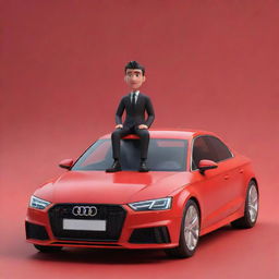 A 3D illustration of an animated character, dressed in a casual black suit, sitting nonchalantly on the top corner of a vibrant red Audi car.