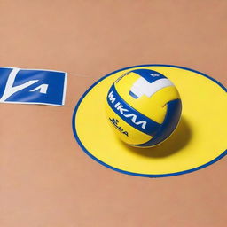 A banner for brand exhibition on a volleyball court featuring a Mikasa volleyball