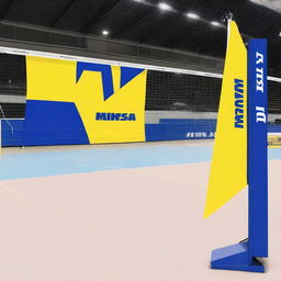 A banner for brand exhibition on a volleyball court featuring a Mikasa volleyball