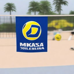 A banner for brand exhibition on a volleyball court featuring a Mikasa volleyball