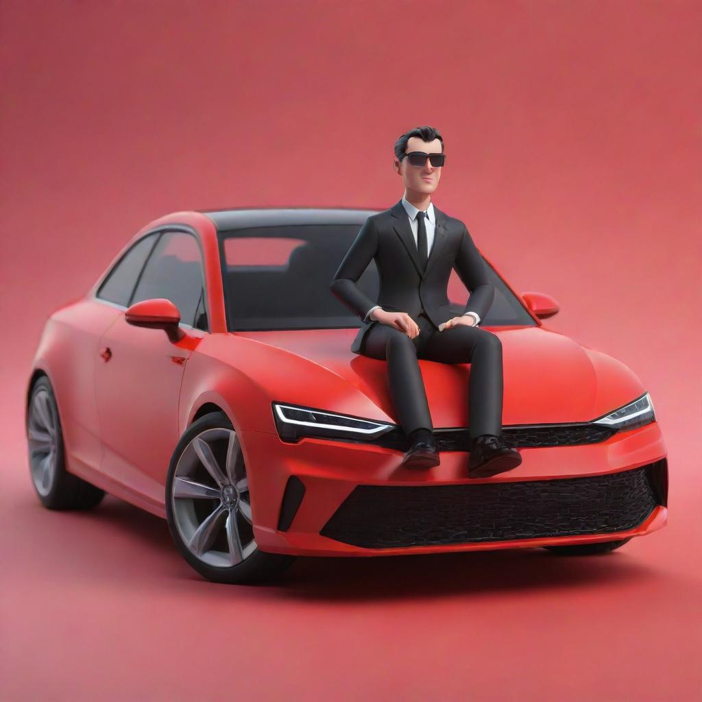 A 3D illustration of an animated character, dressed in a casual black suit, sitting nonchalantly on the top corner of a vibrant red Audi car.