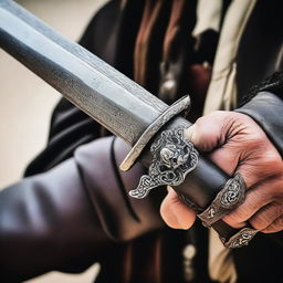 A detailed image of a pirate hand gripping a pirate sword