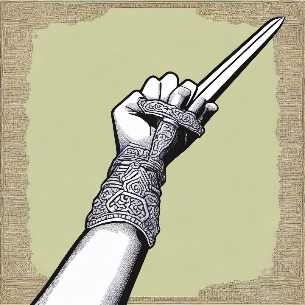 A detailed image of a woman's hand holding a sword raised high in the air