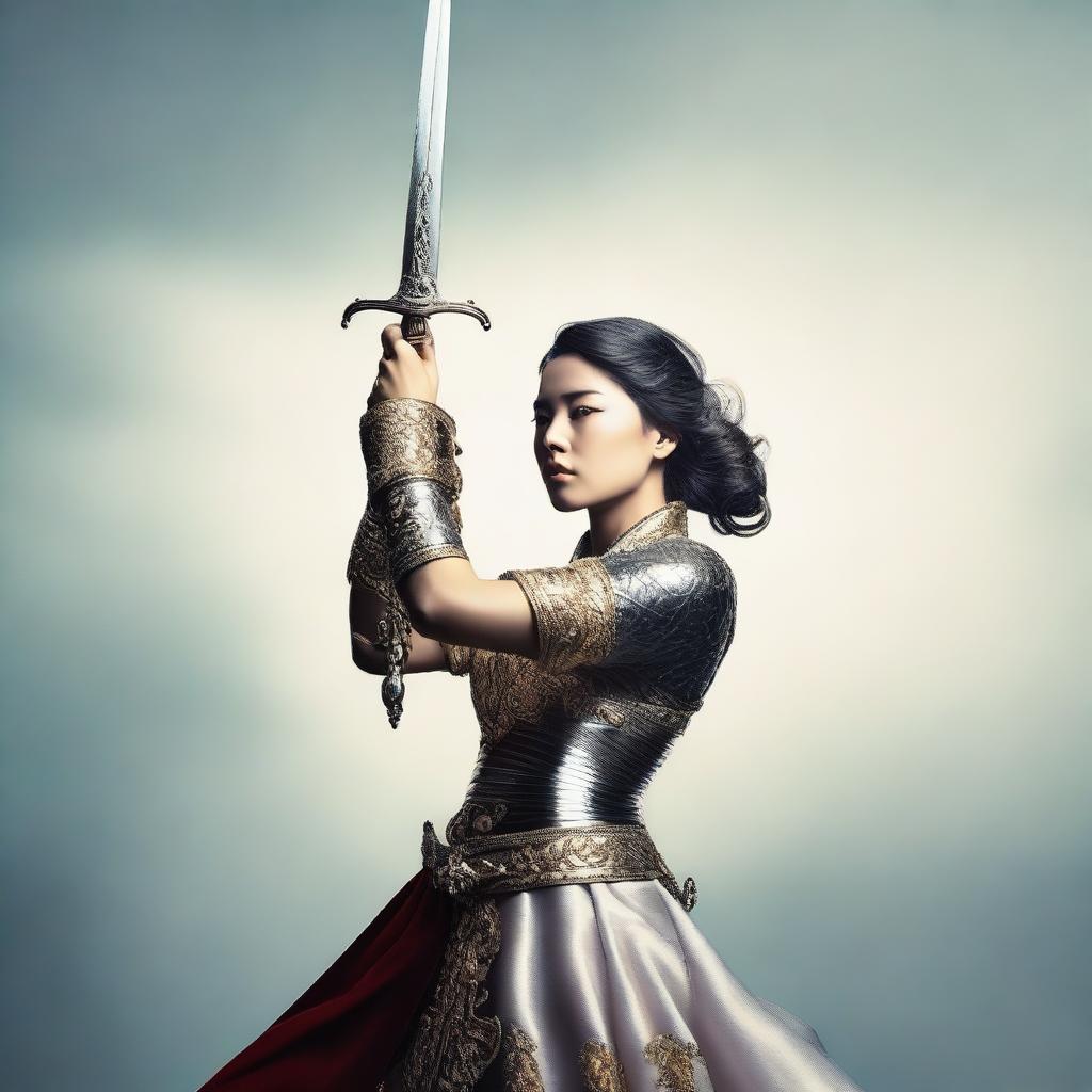 A detailed image of a woman's hand holding a sword raised high in the air