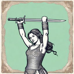 A detailed image of a woman's hand holding a sword raised high in the air