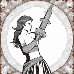 A detailed image of a woman's hand holding a sword raised high in the air