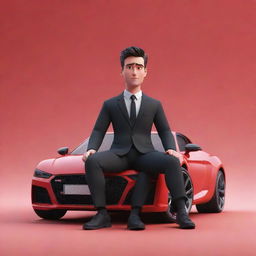 A 3D illustration of an animated character, dressed in a casual black suit, sitting nonchalantly on the top corner of a vibrant red Audi car.