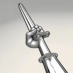 A detailed image of a hand holding a sword raised high in the air