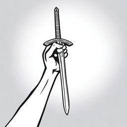 A detailed image of a hand holding a sword raised high in the air