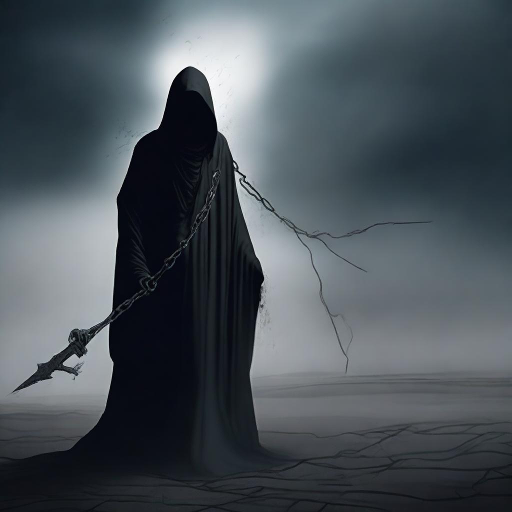 A dark and mysterious figure representing Death, unbound by any chains or restrictions, standing in a shadowy, eerie landscape