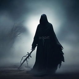 A dark and mysterious figure representing Death, unbound by any chains or restrictions, standing in a shadowy, eerie landscape