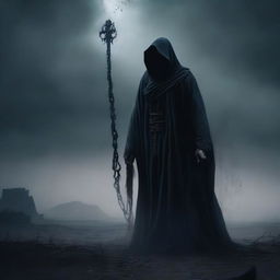 A dark and mysterious figure representing Death, unbound by any chains or restrictions, standing in a shadowy, eerie landscape