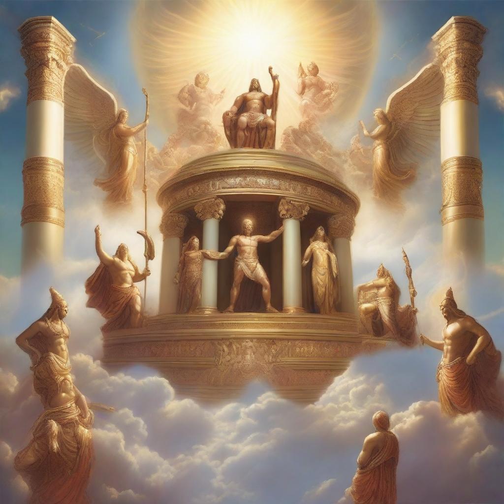 A majestic scene depicting a pantheon of gods from various mythologies standing together on a celestial platform above the clouds