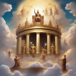 A majestic scene depicting a pantheon of gods from various mythologies standing together on a celestial platform above the clouds