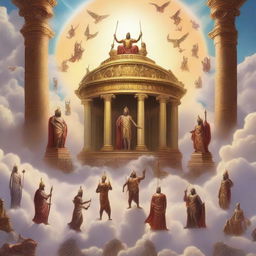 A majestic scene depicting a pantheon of gods from various mythologies standing together on a celestial platform above the clouds