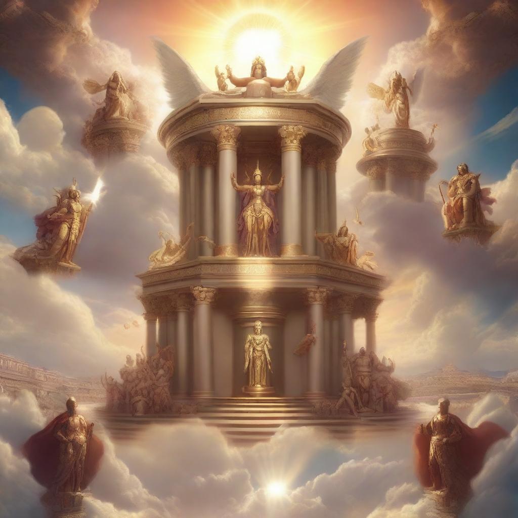 A majestic scene depicting a pantheon of gods from various mythologies standing together on a celestial platform above the clouds