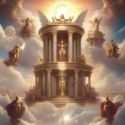 A majestic scene depicting a pantheon of gods from various mythologies standing together on a celestial platform above the clouds