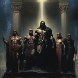 A dark and foreboding scene depicting a pantheon of gods specifically revered by criminals, standing together on a shadowy platform