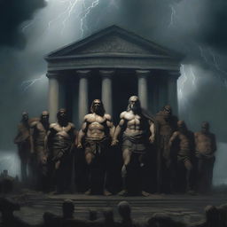 A dark and foreboding scene depicting a pantheon of gods specifically revered by criminals, standing together on a shadowy platform