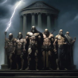 A dark and foreboding scene depicting a pantheon of gods specifically revered by criminals, standing together on a shadowy platform