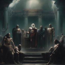 A dark and foreboding scene depicting a pantheon of gods specifically revered by criminals, standing together on a shadowy platform