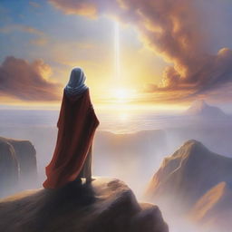 A powerful and inspiring scene depicting a figure representing Destiny, unbound by any constraints, standing on a cliff edge overlooking a vast, open landscape