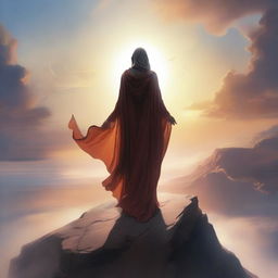 A powerful and inspiring scene depicting a figure representing Destiny, unbound by any constraints, standing on a cliff edge overlooking a vast, open landscape