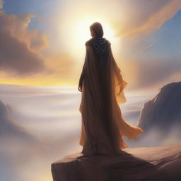 A powerful and inspiring scene depicting a figure representing Destiny, unbound by any constraints, standing on a cliff edge overlooking a vast, open landscape