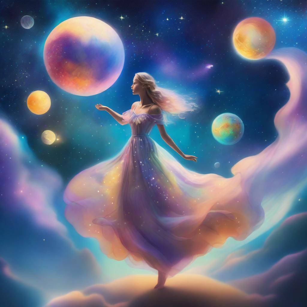 A whimsical and enchanting scene depicting a figure representing Dreams, unbound and free, floating in a surreal, dreamlike landscape