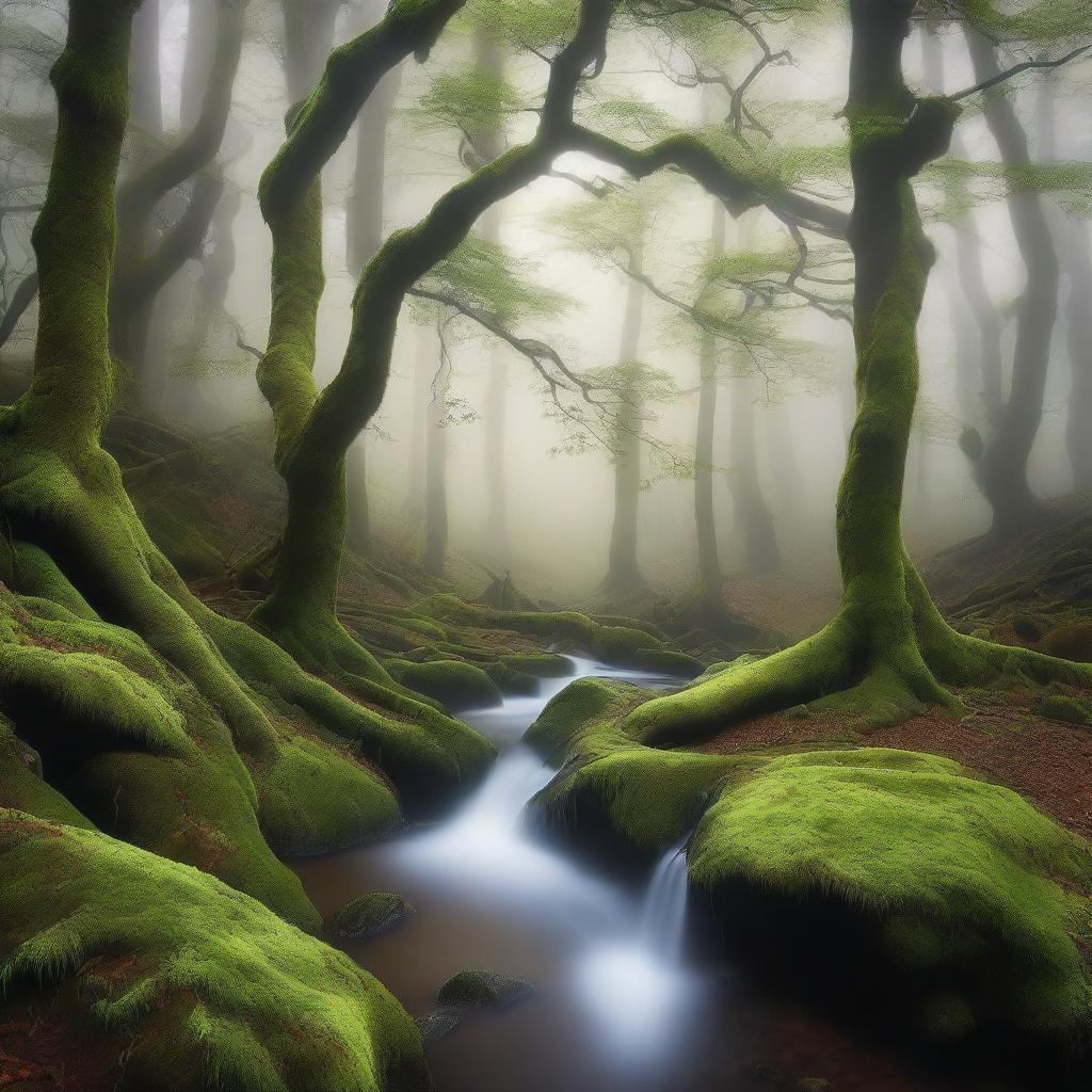 A serene and ethereal scene showing mist unbound, flowing freely through an ancient forest