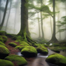 A serene and ethereal scene showing mist unbound, flowing freely through an ancient forest