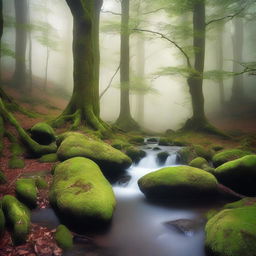 A serene and ethereal scene showing mist unbound, flowing freely through an ancient forest