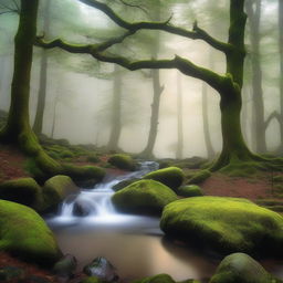 A serene and ethereal scene showing mist unbound, flowing freely through an ancient forest