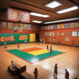 A vibrant indoor basketball court filled with a group of people actively playing a game