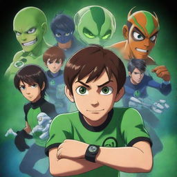 Ben 10 in anime style, showcasing the various alien forms he can transform into with his alien watch