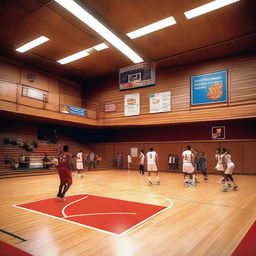 A vibrant indoor basketball court filled with a group of people actively playing a game