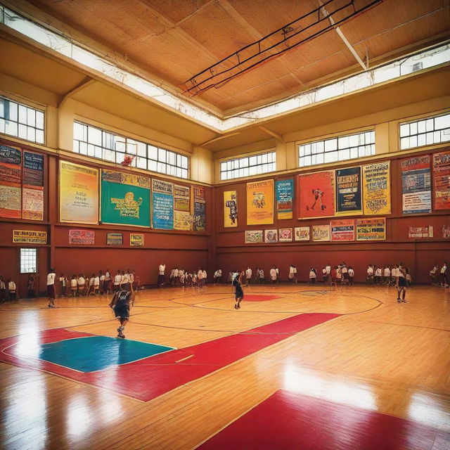 A vibrant indoor basketball court filled with a group of people actively playing a game