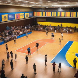 An indoor volleyball court filled with a group of people actively playing a game